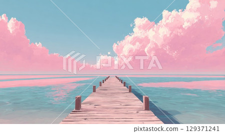 A pink and blue pastel sky with a wooden dock leading into the ocean. 129371241