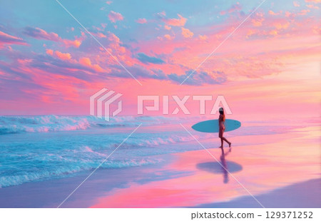 woman holding a surfboard on the beach at sunset with a pink and blue sky 129371252