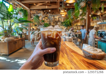 iced coffee being served in front view, with the barista hand. 129371266