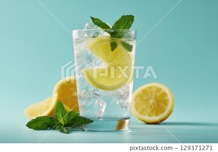 A glass of lemonade with ice and mint, surrounded by lemons on the table A glass of lemonade with ice and mint, surrounded by lemons on the table 129371271