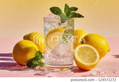 A glass of lemonade with ice and mint, surrounded by lemons on the table A glass of lemonade with ice and mint, surrounded by lemons on the table 129371272