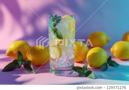 A glass of lemonade with ice and mint, surrounded by lemons on the table A glass of lemonade with ice and mint, surrounded by lemons on the table 129371276