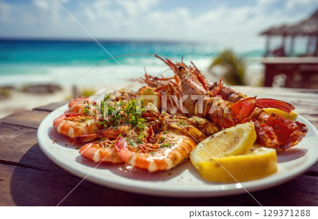 plate of fresh, grilled seafood with prawns and lobster on the beach in sunny Caribbean island plate of fresh, grilled seafood with prawns and lobster on the beach in sunny Caribbean island 129371288