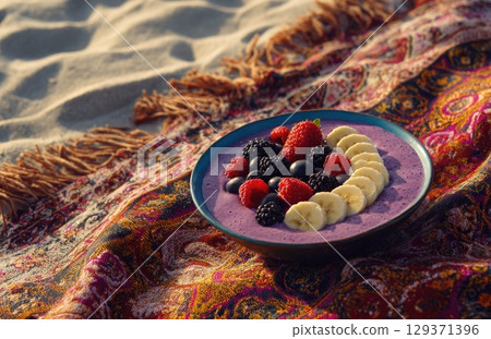 vibrant blue bowl filled with a purple smoothie, topped with banana slices and berries 129371396