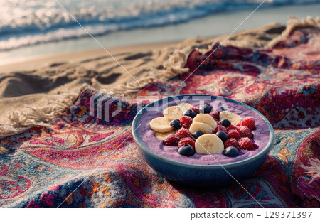 vibrant blue bowl filled with a purple smoothie, topped with banana slices and berries 129371397