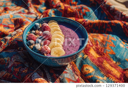 vibrant blue bowl filled with a purple smoothie, topped with banana slices and berries 129371400