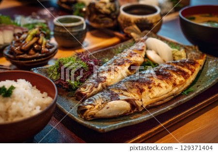 A plate of grilled mackerel with white rice, wasabi and pickled sonno sweeton inside the dish 129371404