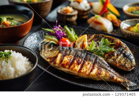 A plate of grilled mackerel with white rice, wasabi and pickled sonno sweeton inside the dish 129371405