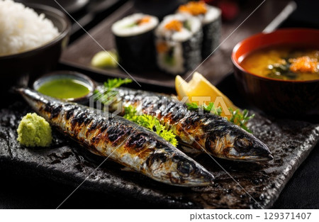 A plate of grilled mackerel with white rice, wasabi and pickled sonno sweeton inside the dish 129371407