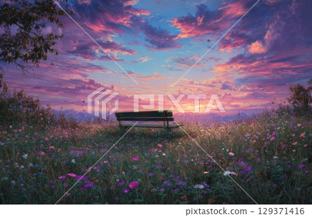 Peaceful meadow with wildflowers, a wooden bench in the center surrounded by colorful blossoms under a pastel sky at sunset 129371416