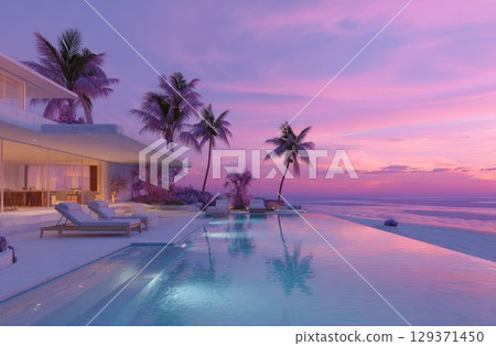 Beautiful modern mansion with an infinity pool and palm trees overlooking the ocean a pink sunset. Beautiful modern mansion with an infinity pool and palm trees overlooking the ocean a pink sunset. 129371450