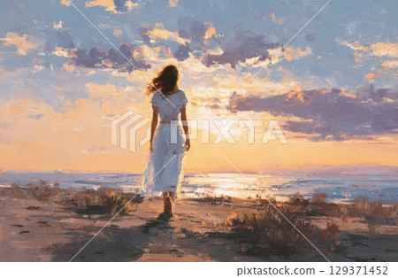 An oil painting of a beautiful woman she is wearing a white dress and her hair is flowing in the wind An oil painting of a beautiful woman she is wearing a white dress and her hair is flowing in the wind 129371452