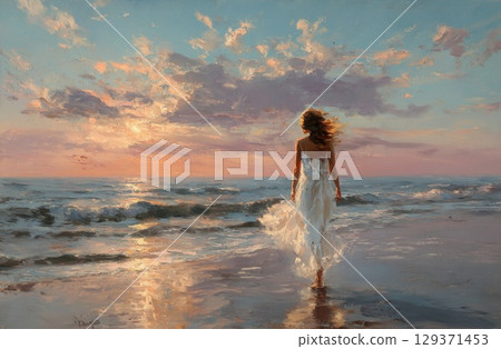 An oil painting of a beautiful woman she is wearing a white dress and her hair is flowing in the wind An oil painting of a beautiful woman she is wearing a white dress and her hair is flowing in the wind 129371453