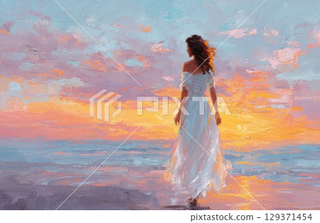 An oil painting of a beautiful woman she is wearing a white dress and her hair is flowing in the wind An oil painting of a beautiful woman she is wearing a white dress and her hair is flowing in the wind 129371454