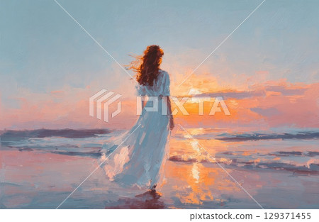 An oil painting of a beautiful woman she is wearing a white dress and her hair is flowing in the wind An oil painting of a beautiful woman she is wearing a white dress and her hair is flowing in the wind 129371455