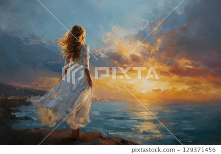An oil painting of a beautiful woman she is wearing a white dress and her hair is flowing in the wind An oil painting of a beautiful woman she is wearing a white dress and her hair is flowing in the wind 129371456