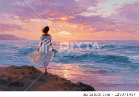 An oil painting of a beautiful woman she is wearing a white dress and her hair is flowing in the wind 129371457