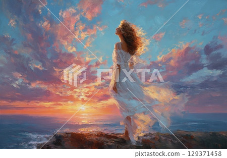 An oil painting of a beautiful woman she is wearing a white dress and her hair is flowing in the wind An oil painting of a beautiful woman she is wearing a white dress and her hair is flowing in the wind 129371458