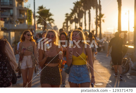 beautiful young women walking down the street in beachwear, smiling and eating ice cream 129371470