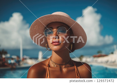 beautiful woman wearing sunglasses and a hat is standing by the pool, with a blue sky and white clouds in the background beautiful woman wearing sunglasses and a hat is standing by the pool, with a blue sky and white clouds in the background 129371472