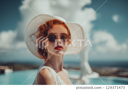beautiful woman wearing sunglasses and a hat is standing by the pool, with a blue sky and white clouds in the background 129371473