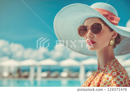 beautiful woman wearing sunglasses and a hat is standing by the pool, with a blue sky and white clouds in the background beautiful woman wearing sunglasses and a hat is standing by the pool, with a blue sky and white clouds in the background 129371476