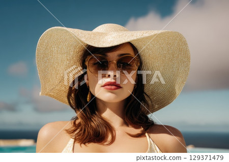 beautiful woman wearing sunglasses and a hat is standing by the pool, with a blue sky and white clouds in the background beautiful woman wearing sunglasses and a hat is standing by the pool, with a blue sky and white clouds in the background 129371479
