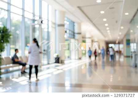 Bright and Modern Hospital Interior with Blurred Figures and People in a Healthcare Environment 129371727