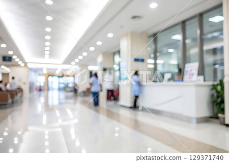 Bright and Modern Hospital Interior with Healthcare Staff and Patients in Motion - Blurred View 129371740