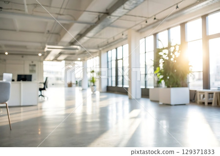 Bright Modern Office Space with Large Windows and Sunlight Streaming In 129371833