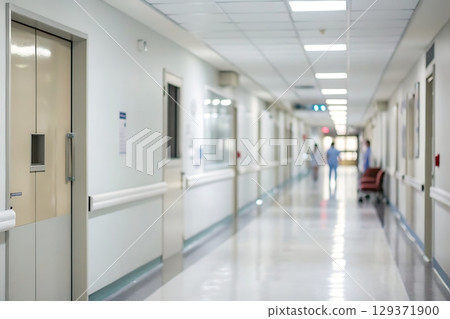 Clean and Modern Hospital Corridor with Patient Rooms and Healthcare Workers in Action 129371900