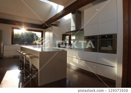 Modern Kitchen Interior with Bright Sunlight and Stylish Bar Stools 129371938