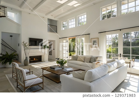 Modern Bright Living Room with Open Space and Large Windows in Stylish Home Interior Modern Bright Living Room with Open Space and Large Windows in Stylish Home Interior 129371983