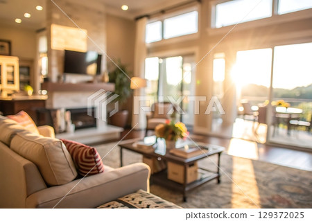 Cozy modern living room with sunset view and stylish decor inside bright spacious home 129372025