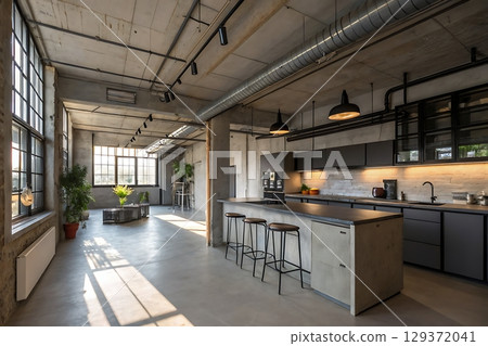 Modern industrial kitchen design with large windows and concrete elements in urban setting 129372041