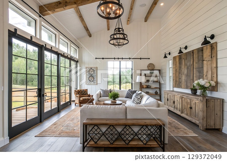 Cozy Modern Living Room with Rustic Decor and Abundant Natural Light in a Serene Setting Cozy Modern Living Room with Rustic Decor and Abundant Natural Light in a Serene Setting 129372049