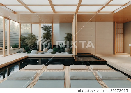 Modern Spa Interior with Minimalist Design, Natural Elements and Serene Atmosphere 129372065