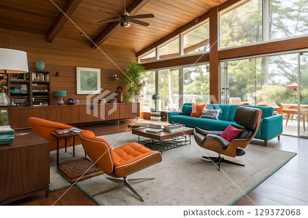 Modern Cozy Living Room with Stylish Furniture and Abundant Natural Light 129372068
