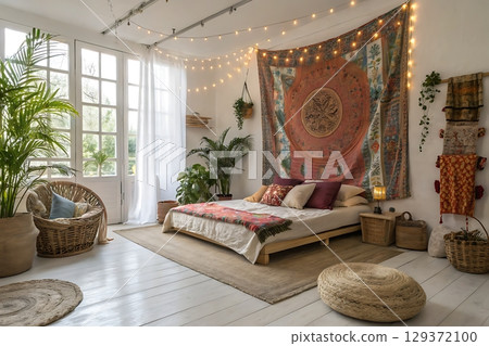 Cozy bohemian bedroom with plants, textiles, and warm lighting in a bright atmosphere Cozy bohemian bedroom with plants, textiles, and warm lighting in a bright atmosphere 129372100