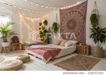 Cozy and Bohemian Inspired Bedroom Decor with Plants and Soft Lighting Details Cozy and Bohemian Inspired Bedroom Decor with Plants and Soft Lighting Details 129372102