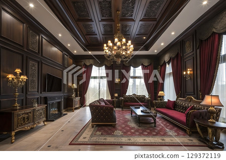 Luxurious interior design of an elegant living room with classic furniture and rich decor Luxurious interior design of an elegant living room with classic furniture and rich decor 129372119