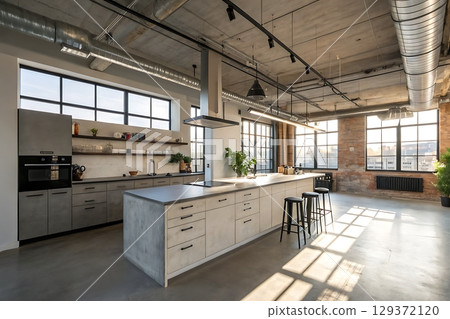 Modern industrial kitchen interior design with natural light and open space layout 129372120