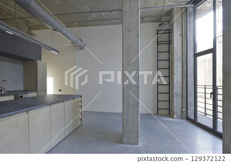 Modern Industrial Kitchen Interior with Concrete Walls and Spacious Design Elements 129372122
