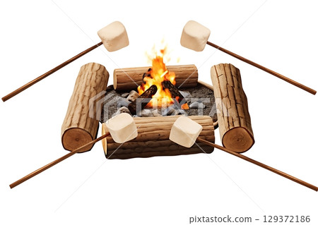Cozy Campfire Scene with Roasting Marshmallows Over Fire Pit Surrounded by Logs 129372186