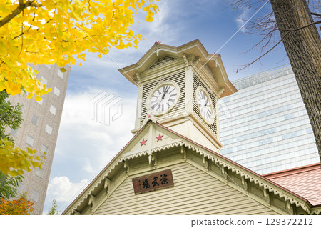 Sapporo clock tower in autumn 129372212