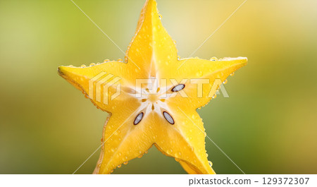 Close-up of a vibrant star fruit slice highlighting its star shape and juicy texture with water droplets on yellow background 129372307