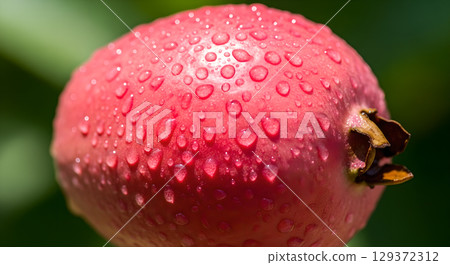 Close-up shot displaying the vibrant pink pomegranate covered in refreshing water droplets reflecting natural sunlight Close-up shot displaying the vibrant pink pomegranate covered in refreshing water droplets reflecting natural sunlight 129372312
