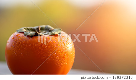 Close up of a vibrant orange persimmon fruit covered in water droplets on soft background Close up of a vibrant orange persimmon fruit covered in water droplets on soft background 129372313