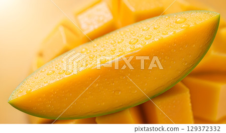 Close up on fresh mango slices with water droplets a tropical summer fruit concept Close up on fresh mango slices with water droplets a tropical summer fruit concept 129372332