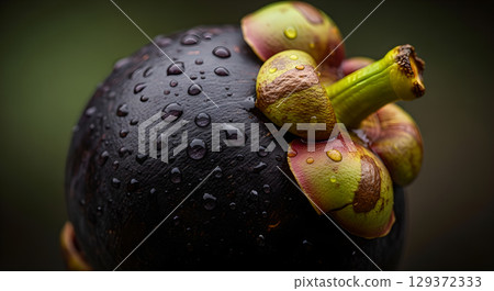 Captivating close up of a fresh mangosteen fruit covered with glistening water droplets in studio shot 129372333